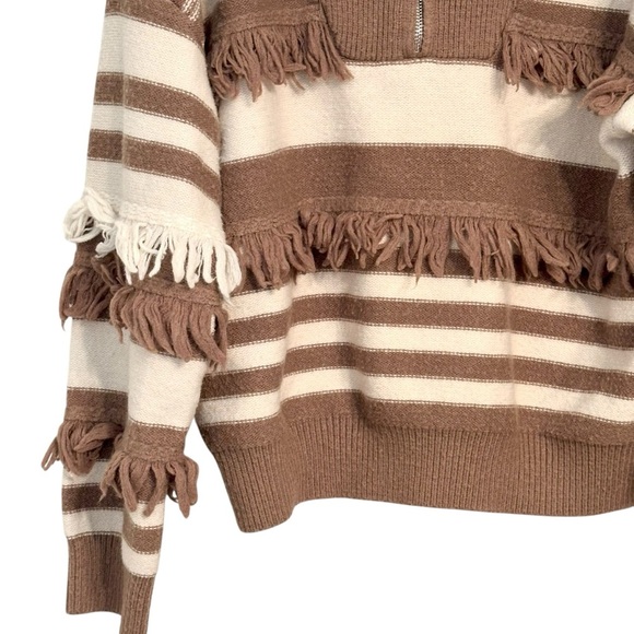 Strut & Bolt Brown and White Cream Striped 1/4 Zip Sweater with Fringe S - Picture 6 of 12